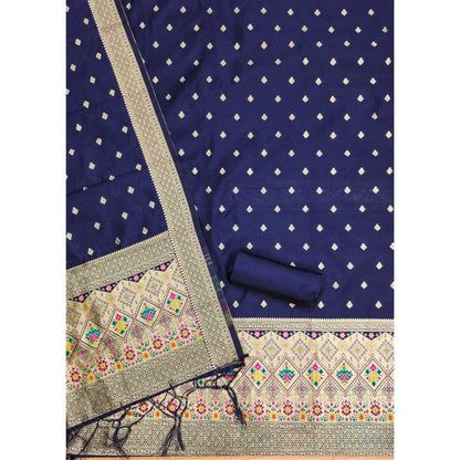 Women's Banarasi Silk Printed Unstitched Salwar Suit Material With Dupatta (Navy Blue, 3Mtrs)