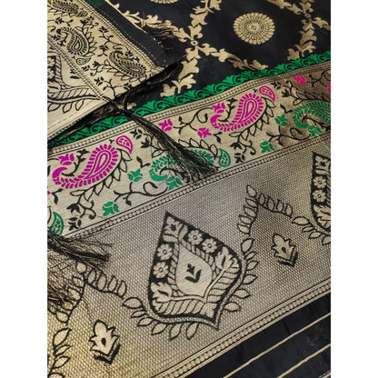 Women's Banarasi Silk Printed Unstitched Salwar Suit Material With Dupatta (Black, 3Mtrs)