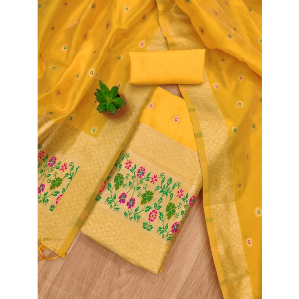 Women's Banarasi Silk Printed Unstitched Salwar Suit Material With Dupatta (Yellow, 3Mtrs)