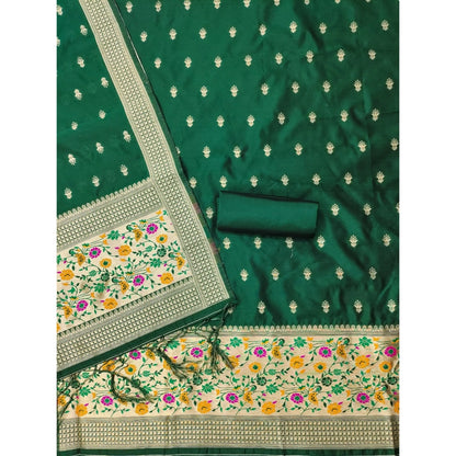 Women's Banarasi Silk Printed Unstitched Salwar Suit Material With Dupatta (Bottle Green, 3Mtrs)