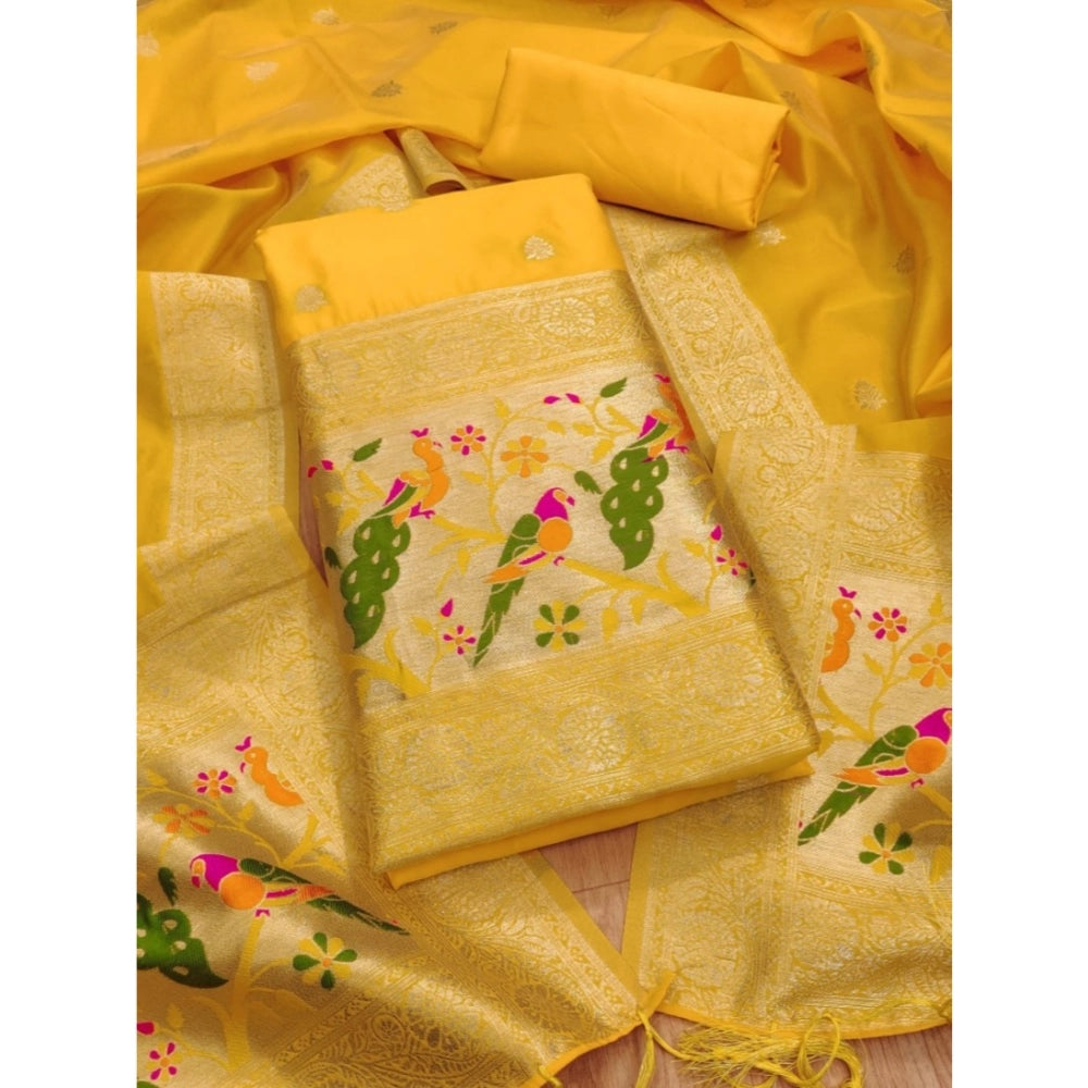 Women's Banarasi Silk Printed Unstitched Salwar Suit Material With Dupatta (Yellow, 3Mtrs)