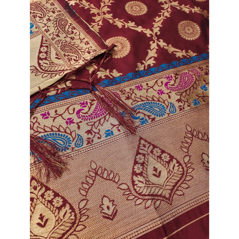 Women's Banarasi Silk Printed Unstitched Salwar Suit Material With Dupatta (Maroon, 3Mtrs)