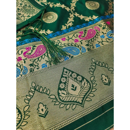 Women's Banarasi Silk Printed Unstitched Salwar Suit Material With Dupatta (Bottle Green, 3Mtrs)