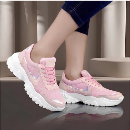Women's Casual Mesh Printed Lace-Ups Shoes (Pink)