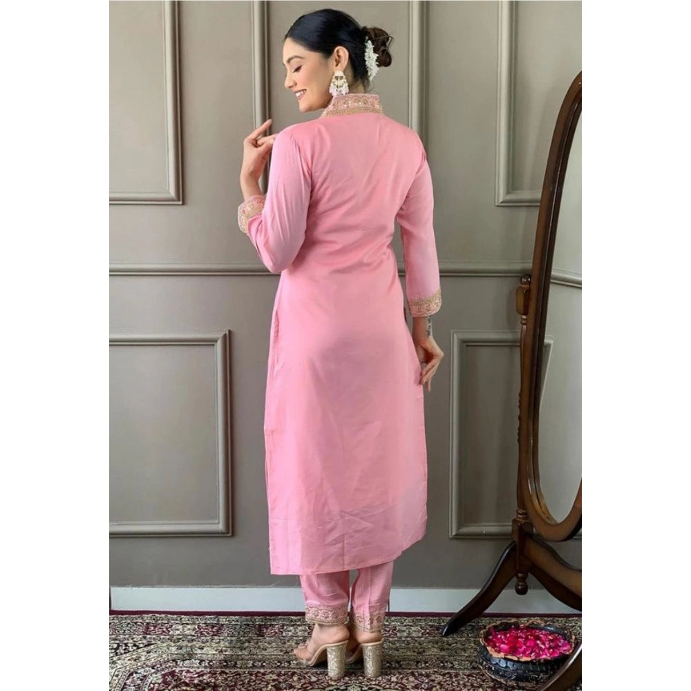 Women's Roman Silk Embroidery 3-4th Sleeve V-Neck Kurti With Pant Dupatta Set (Pink)