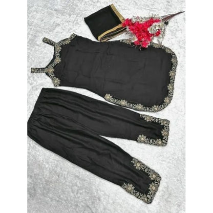 Women's Georgette Embroidery Sleeveless Round Neck Kurti, Palazzo And Dupatta Set (Black)