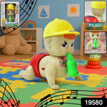 Interactive battery powered crawling baby toy with baby bottle accessory