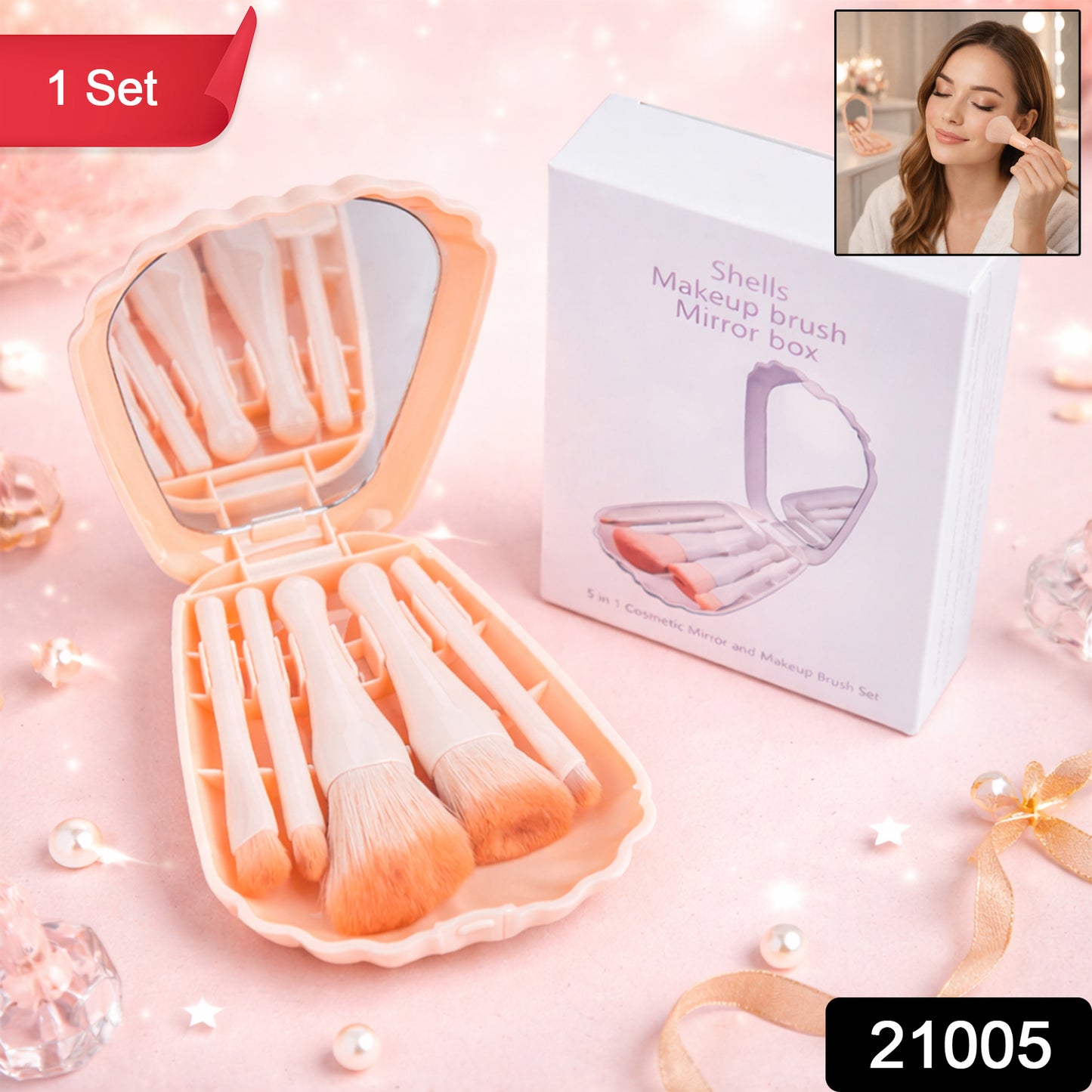 5 In 1 Makeup Brush Set With Mirror Box  Compact Cosmetic Kit