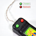 The model racing car displayed next to its lightweight remote control for kids.