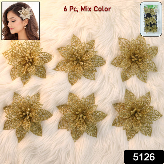 Glitter Flower Hair Clip Set (6 Pc Mix Color Set)