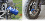 Easy-to-use disc lock securing a motorcycle's front wheel.