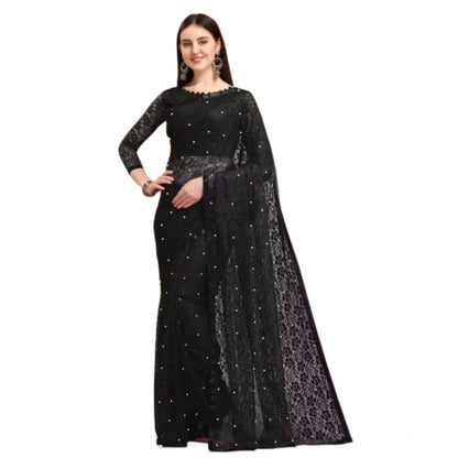 Women's Net Self Design Saree With Unstitched Blouse 5.5Mtr (Black)