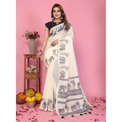 Women's Linen Cotton Printed Saree With Unstitched Blouse 5.5Mtr (Off White)