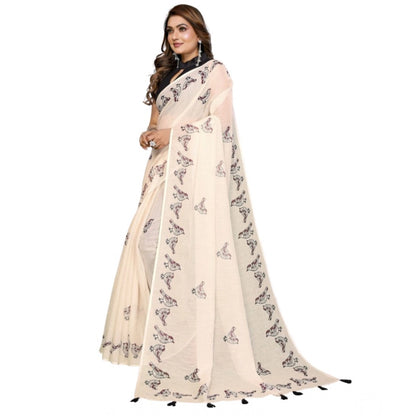 Women's Linen Cotton Printed Saree With Unstitched Blouse 5.5Mtr (Off White)