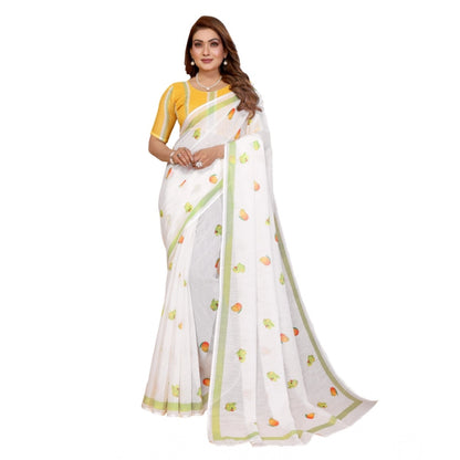 Women's Linen Cotton Printed Saree With Unstitched Blouse 5.5Mtr (White)