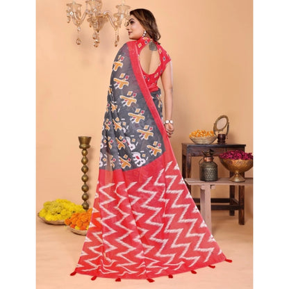 Women's Linen Cotton Printed Saree With Unstitched Blouse 5.5Mtr (Grey)