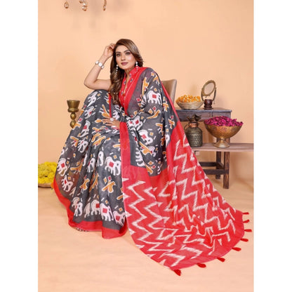 Women's Linen Cotton Printed Saree With Unstitched Blouse 5.5Mtr (Grey)