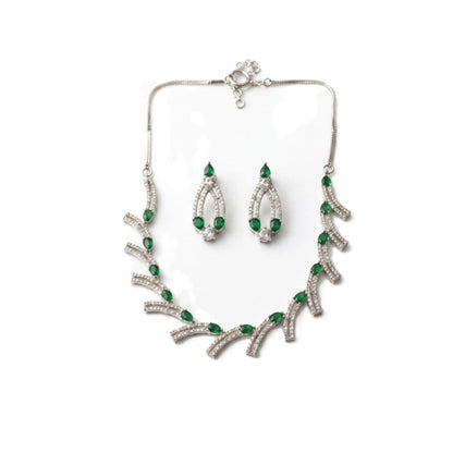 Women's Brass Silver Plated Necklace set (Green)
