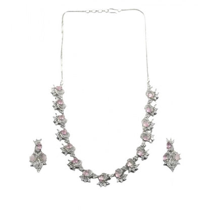 Women's Brass Silver Plated Necklace set (Pink)
