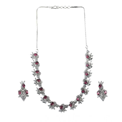 Women's Brass Silver Plated Necklace set (Red)