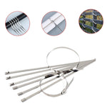 Heavy-duty stainless steel cable tie used for securing solar panel wiring on a rooftop.