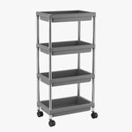 Stainless steel framed multi-tier rolling cart with plastic shelves