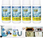 Drain cleaner powder dissolving tough blockages in a pipe, illustrating its powerful action.