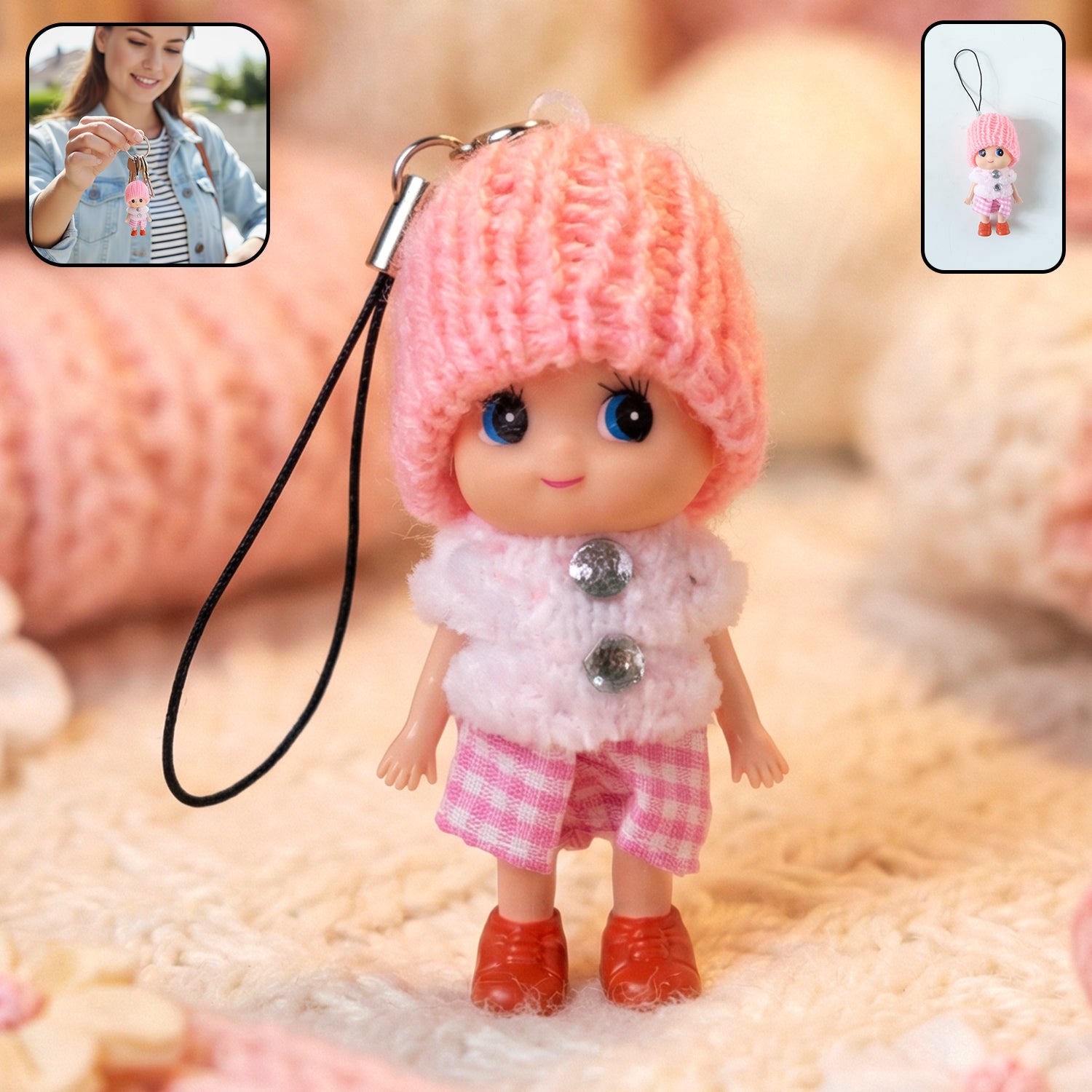 Cute Mini Doll Keychain Soft Knitted Cap Girl Charm Keyring (1 Pc  Mix Color)