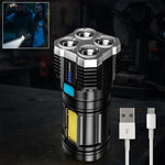 Close-up of the 4-LED Rechargeable Torch Light showing its convenient USB charging port.