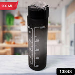 Ergonomic design of the black motivational water bottle with its integrated carry strap.