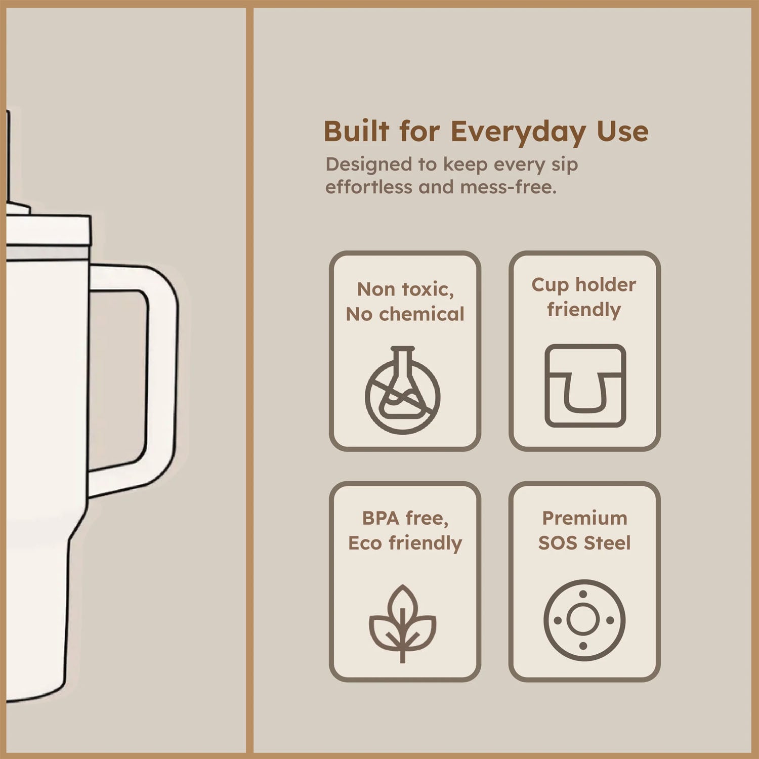 Angled view of insulated travel mug with spill-proof lid and handle