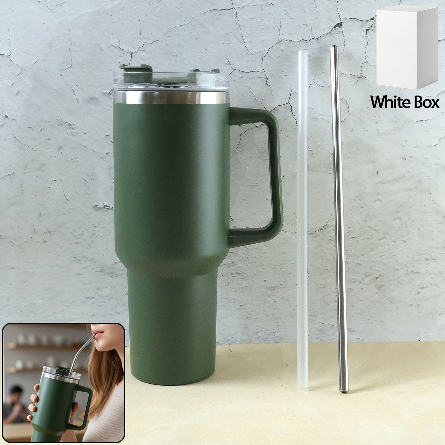 1200ML insulated travel mug with handle and straw in matte finish