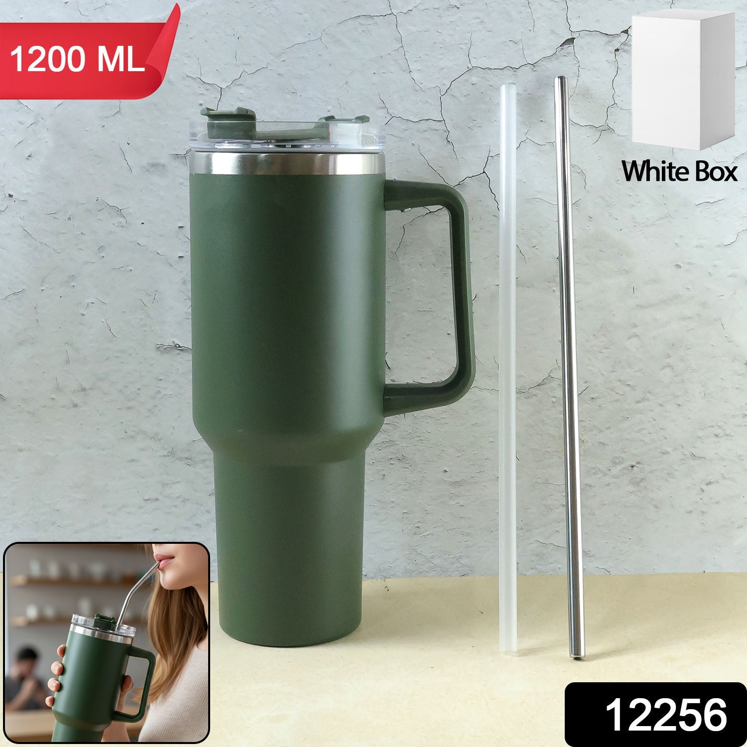 Person holding the 1200ML insulated travel mug with ergonomic handle