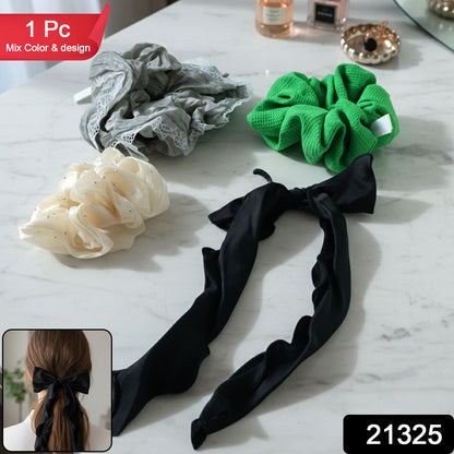 Stylish Fabric Hair Scrunchie With Bow Tie Design(1 Pc Mix Color  Design)