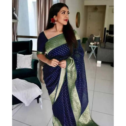 Women's Litchi silk Printed Saree With Unstitched Blouse (Blue)