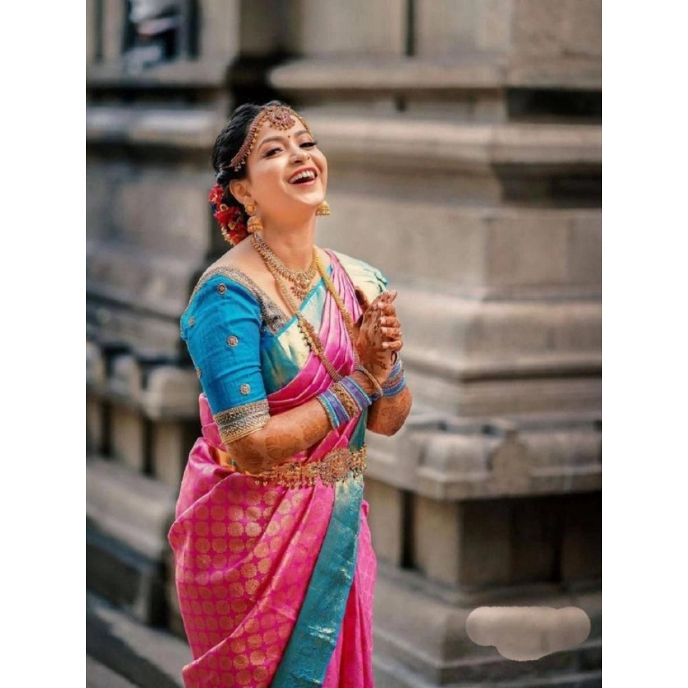 Women's Litchi silk Printed Saree With Unstitched Blouse (Pink)