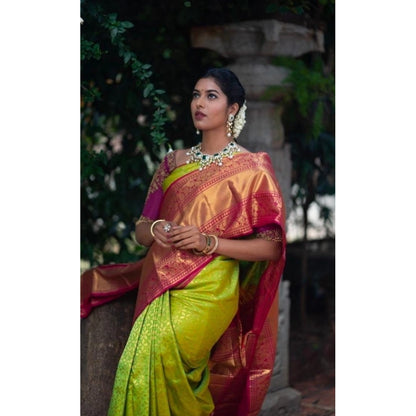 Women's Litchi silk Printed Saree With Unstitched Blouse (Green)