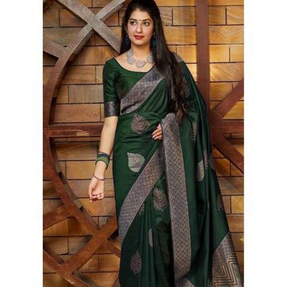 Women's Litchi silk Printed Saree With Unstitched Blouse (Green)
