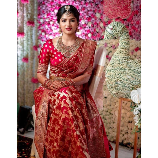 Women's Litchi silk Printed Saree With Unstitched Blouse (Red)