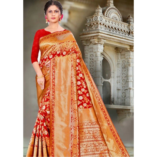 Women's Litchi silk Printed Saree With Unstitched Blouse (Red)