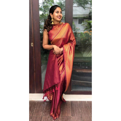 Women's Litchi silk Printed Saree With Unstitched Blouse (Red)