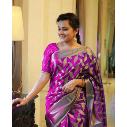 Women's Litchi silk Printed Saree With Unstitched Blouse (Pink)
