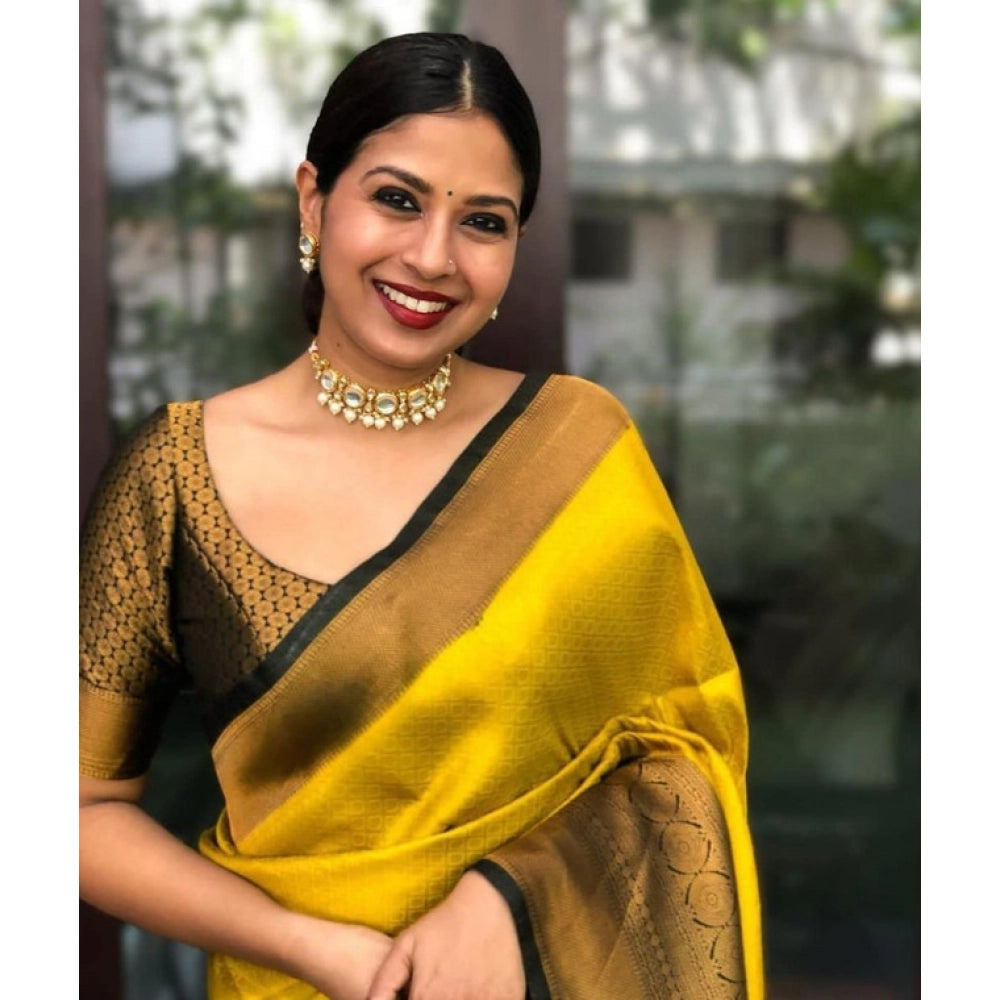 Women's Litchi silk Printed Saree With Unstitched Blouse (Yellow)
