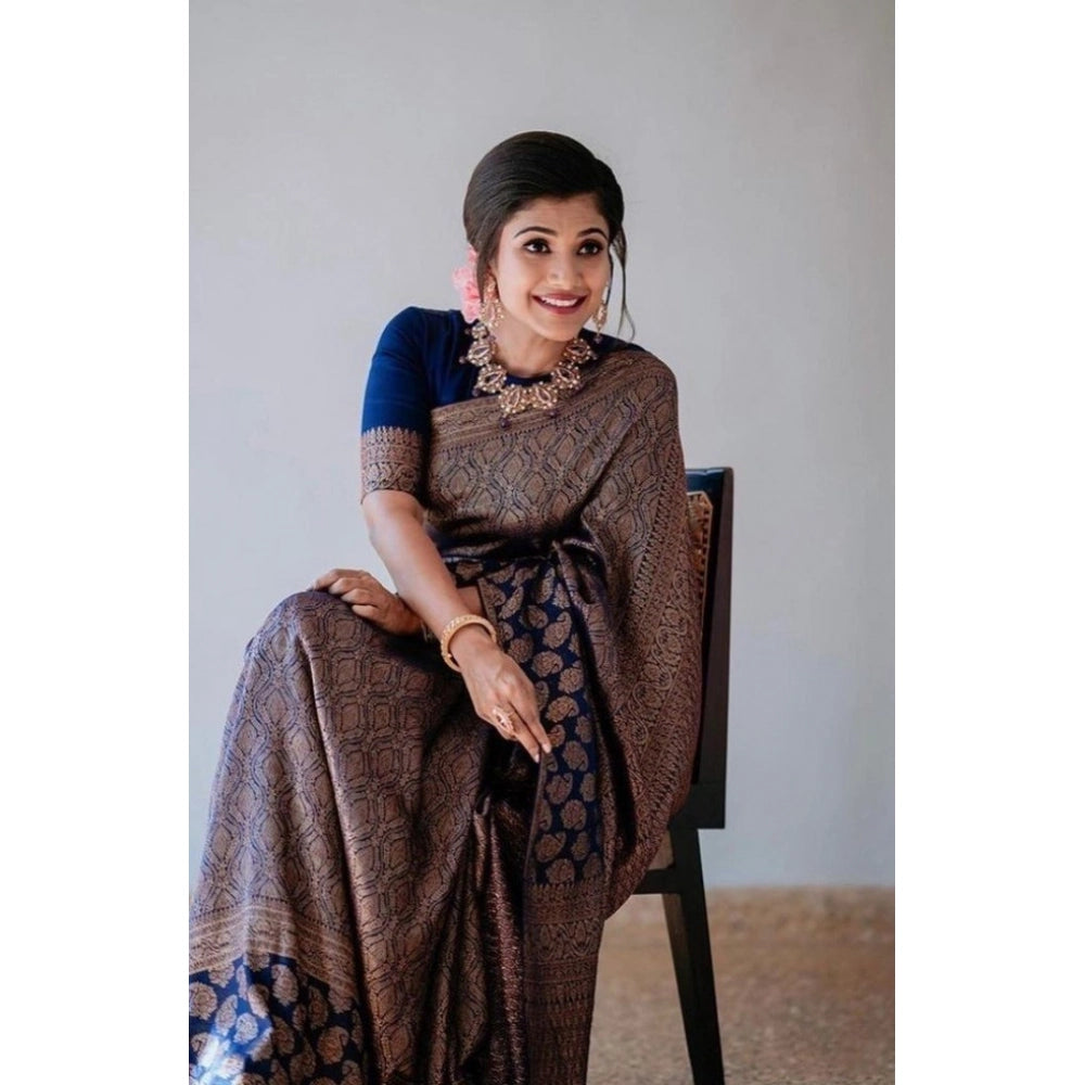 Women's Litchi silk Printed Saree With Unstitched Blouse (Blue)