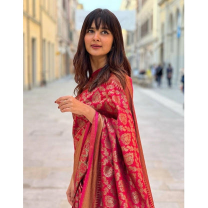 Women's Litchi silk Printed Saree With Unstitched Blouse (Red)
