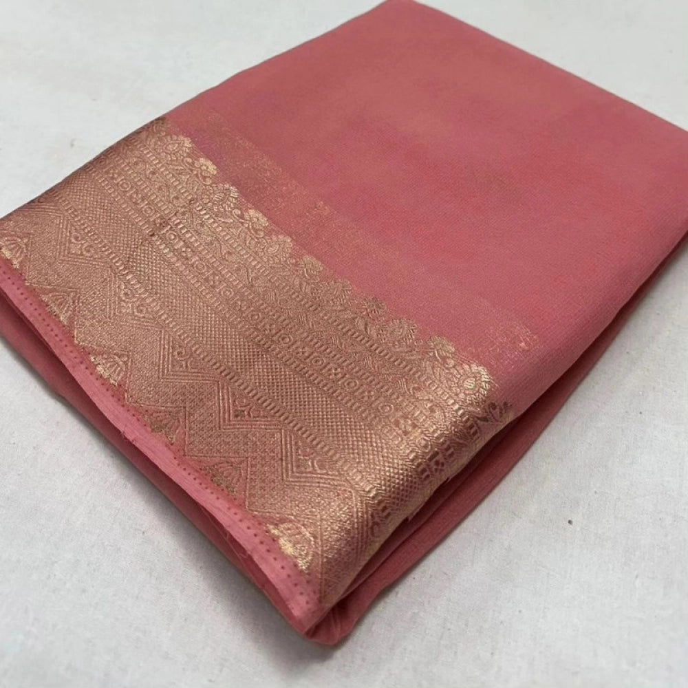 Women's Crepe Chit Pallu Solid Saree With Unstitched Blouse 5.5Mtr (Peach)