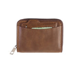 Close-up of smooth zip closure on compact card holder wallet