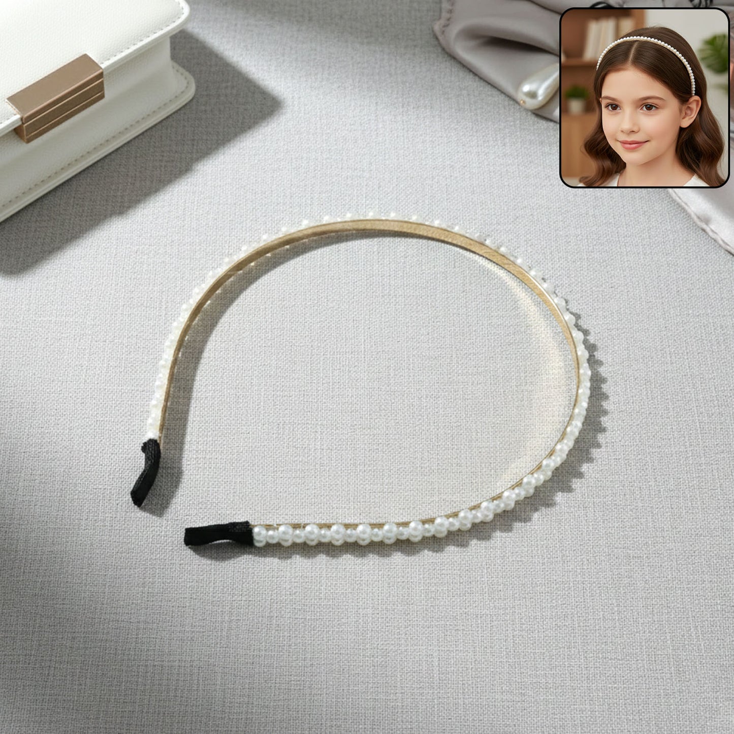 Elegant Pearl Beaded Slim Golden Metal Hair Band (1 Pc)