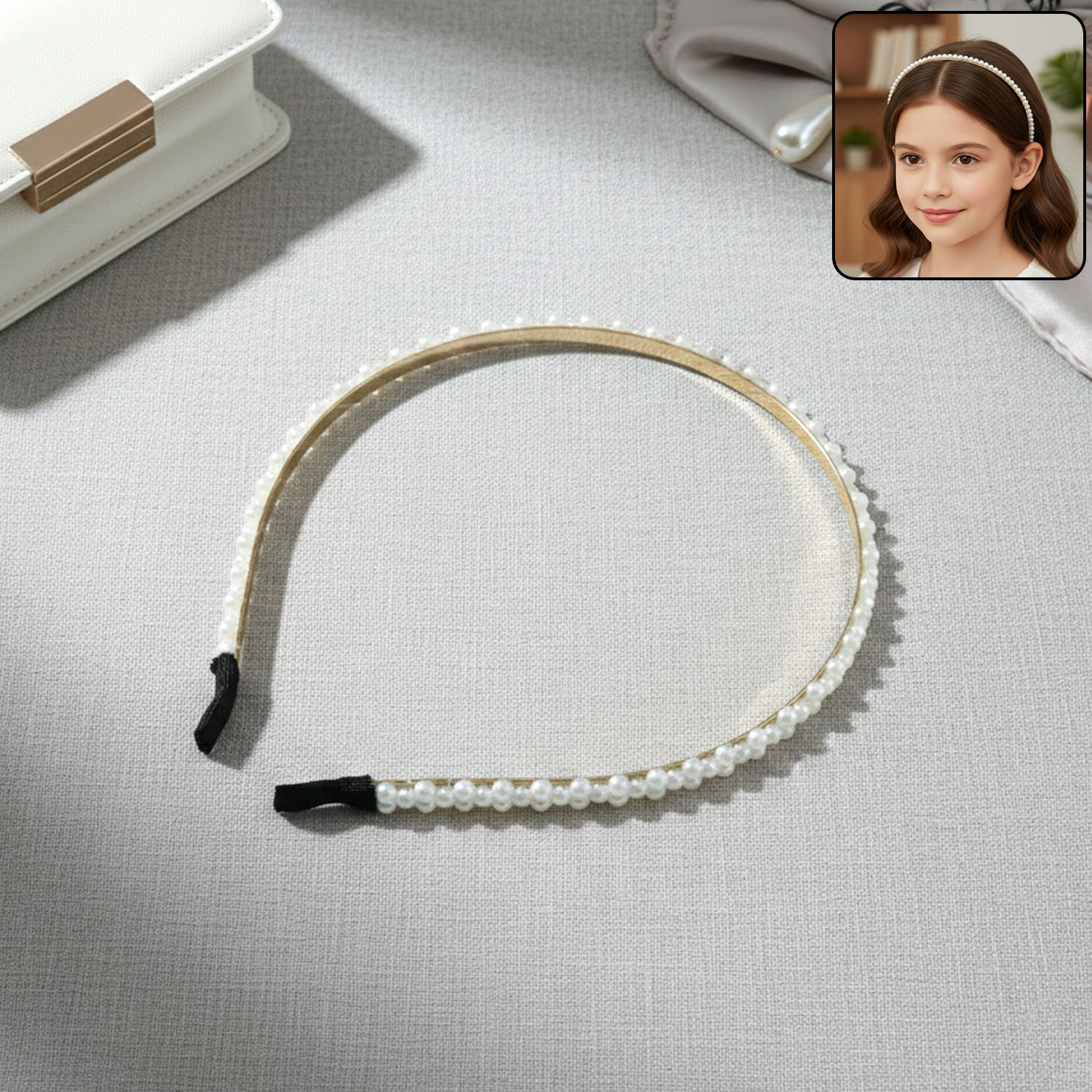Elegant Pearl Beaded Slim Golden Metal Hair Band (1 Pc)