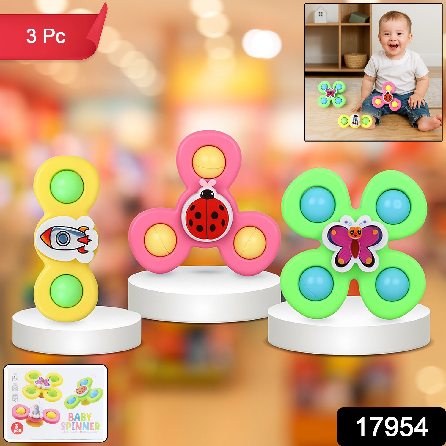 Colour Baby Spinner Toy Set  Suction Cup Sensory Spin Toys (3 Pc Set)